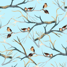 Watercolor Birds On The Tree Branches
