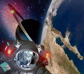 Wall Mural - astronaut helmet et alien extraterrestrial sci fi space earth saturn planet. elements of this image 