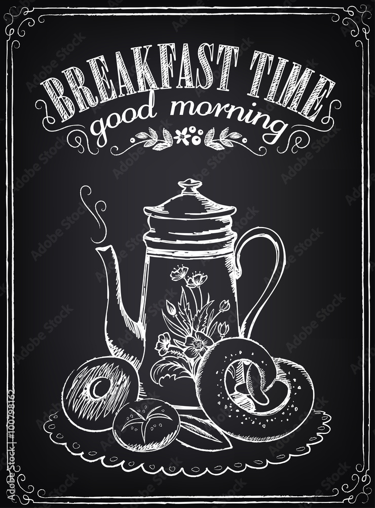 Photo Vintage Poster. Breakfast time. Coffee/tea and bakery