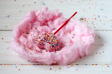 Heart cakepops in the nest made from candy-floss, white background