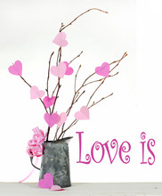Valentine's Day Tree With Paper Cutout Pink Hearts And Vintage Tin Cup