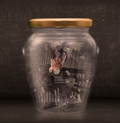 Sticker - Businessman traped in jar with graph chart symbols concept