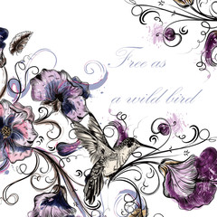 Aufkleber - Beautiful vector back with orchid flowers hummingbirds