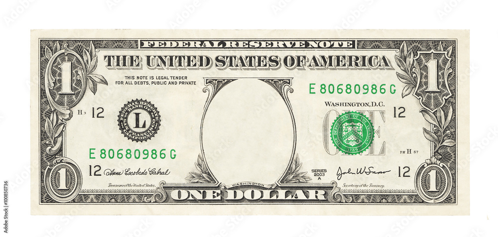 Blank 1 dollar banknote isolated - obrazy, fototapety, plakaty 