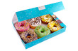Colored donuts in the blue box 