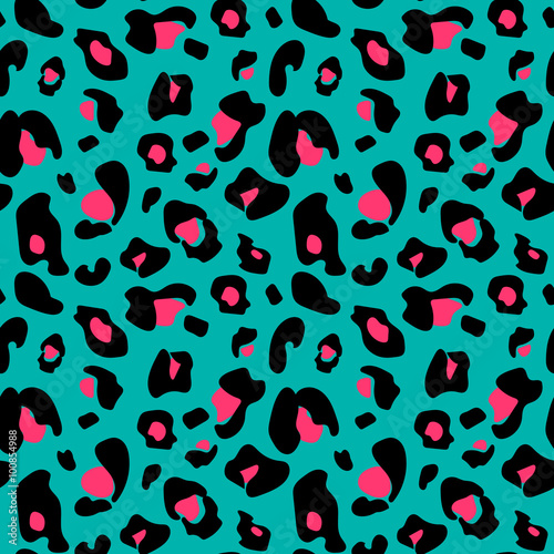 Cotton fabric Colorful extravagant seamless leopard pattern in black, green an