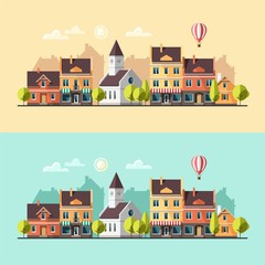 Urban summer landscape. Cityscape. Vector illustration, flat style.