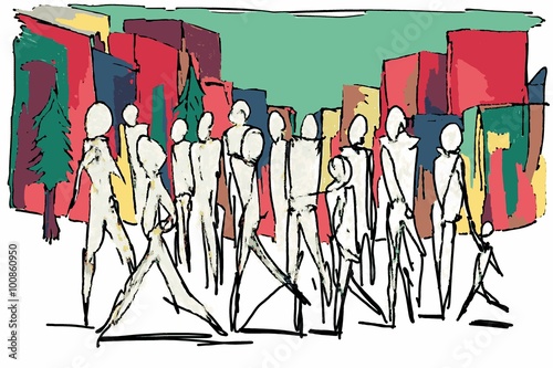 Nowoczesny obraz na płótnie Tłum chodzący po miejskich ulicach malarstwo kreskówkowe