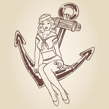 Vintage Pinup Sailor Girl Sitting On An Anchor