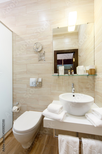 Zdjęcie XXL łazienki w pokojach hotelowych, z umywalką i prysznicem