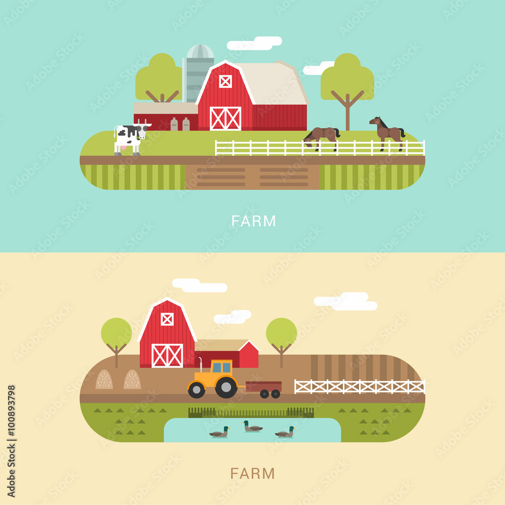 Vector Flat Style Illustration of Farm Landscape with Farmhouses, Pond ...