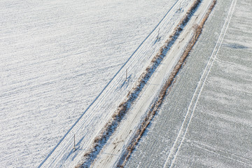 Wall Mural - aerial view  over the harvest fields in winter