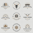 Set of Hipster Vintage Labels, Logotypes, Badges for Your Business. Wild West Theme. Barrel, Scull, Cards, Wheel, Saloon, Gun, Hat, Sheriff. Vector Illustration