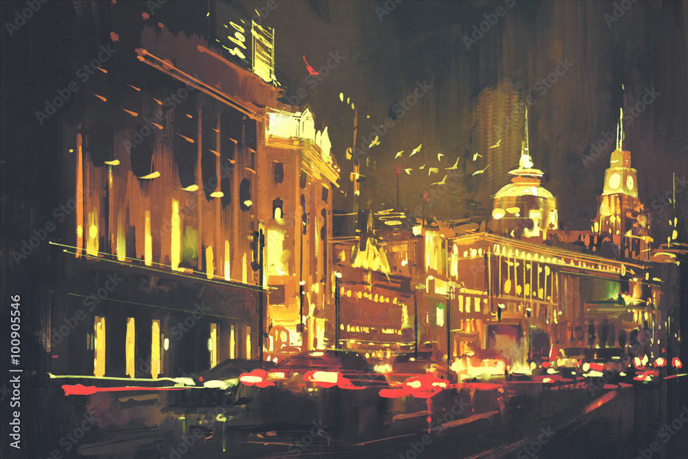 painting of city street with colorful light,Shanghai The Bund at night - obrazy, fototapety, plakaty 