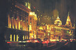 painting of city street with colorful light,Shanghai The Bund at night