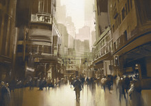 People On Street In City,cityscape Painting With Vintage Style