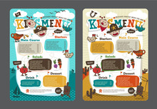 Cute Colorful Kids Meal Menu Vector Template With Pirate Cartoon And Cowboy Cartoon