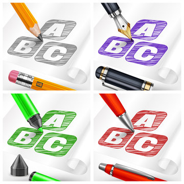 Hand draw sketch letters on paper sheet and kind pens, 