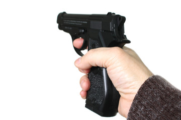 Gun in hand on white background