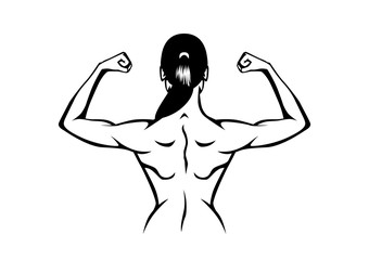 Healthy woman taking off his shirt to flex his back muscles on isolated background