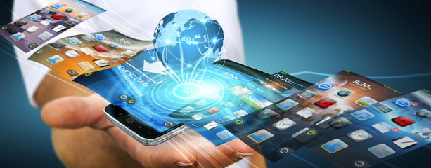 Poster - Young man using modern mobile phone