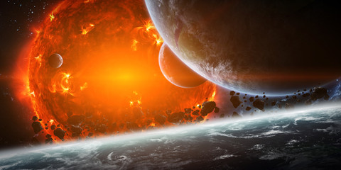 Wall Mural - exploding sun in space close to planet