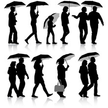 Black Silhouettes Man And Woman Under Umbrella. Vector Illustrat