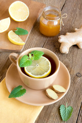 Canvas Print - Tea with lemon, ginger, honey and mint