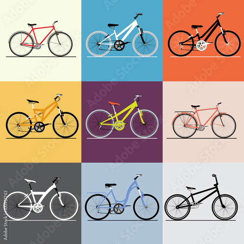 Obraz w ramie Vector bicycles set. Travel and and sport theme