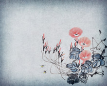 Chinese Painting Of Morning Glory On Old Paper.