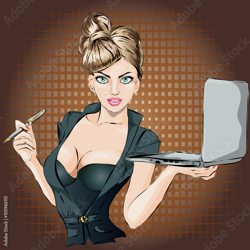 Naklejka na szybę Pin-up babyface sexy business woman portrait with laptop