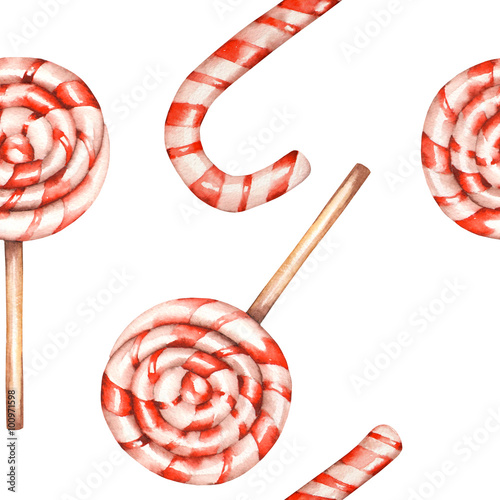 Stoffe zum Nähen Eine süße Musterdesign mit Lollipop (Zuckerstange). In einem Aquarell handgezeichneten auf einem weißen Hintergrund gemalt