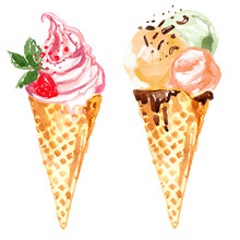 Ice Cream Cone Painted With Watercolors On White Background. Waffle Cone, Cream And Ice Cream Balls