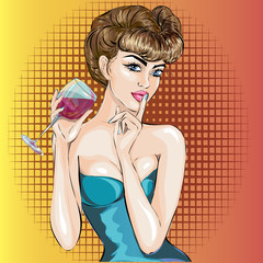 Wall Mural - Shhh pop art sexy woman face with finger on her lips and glass of wine