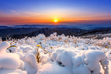 Beautiful Sunrise On Deogyusan Mountains Covered With Snow In Wi