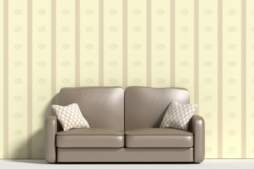 Wall Mural - Three-dimensional sofa with pillows against of wall