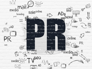 Sticker - Advertising concept: PR on wall background