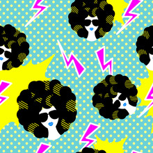 Retro 80s Disco Party Seamless Pattern Vector. Green Blue Polka Dot Pop Art Background With Lightning, Girl With Black Curly 80s Hairstyle.