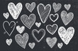 vector set of hand drawn doodle hearts, black and white, blackboard