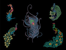 Collection Of Peacock Birds Silhouettes Made With Colorful Rhinestones.