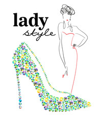 Stylish fashion illustration of young beautiful lady and shoe made with rhinestones