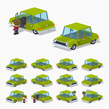 Old Green Sedan. 3D Lowpoly Isometric Vector Illustration. The Set Of Objects Isolated Against The White Background And Shown From Different Sides