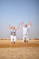 Mature couple jumping on beach