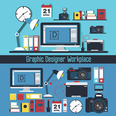 Poster - Graphic Designer Workplace Concept. Table with Computer and Designer