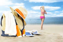 Summer Bag And Woman On Sand 