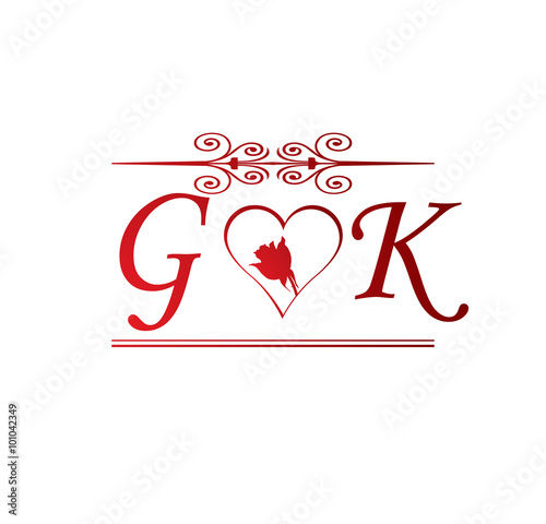 Gk Love Initial With Red Heart And Rose Buy This Stock Vector