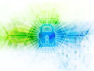 Poster - abstract vector technological background with global security concept. lock, hexagon and circuit boa