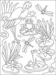 Wall Mural - Page with black and white illustration of swamp for coloring. Developing children skills for drawing. Vector image.
