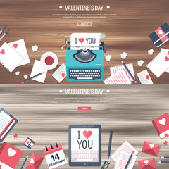 Vector illustration. Flat background with typewriter. Love, hearts. Valentines day. Be my valentine. 14 february.  Wooden texture.