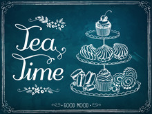 Retro Illustration Time For Tea With Sweet Pastries And Cupcakes